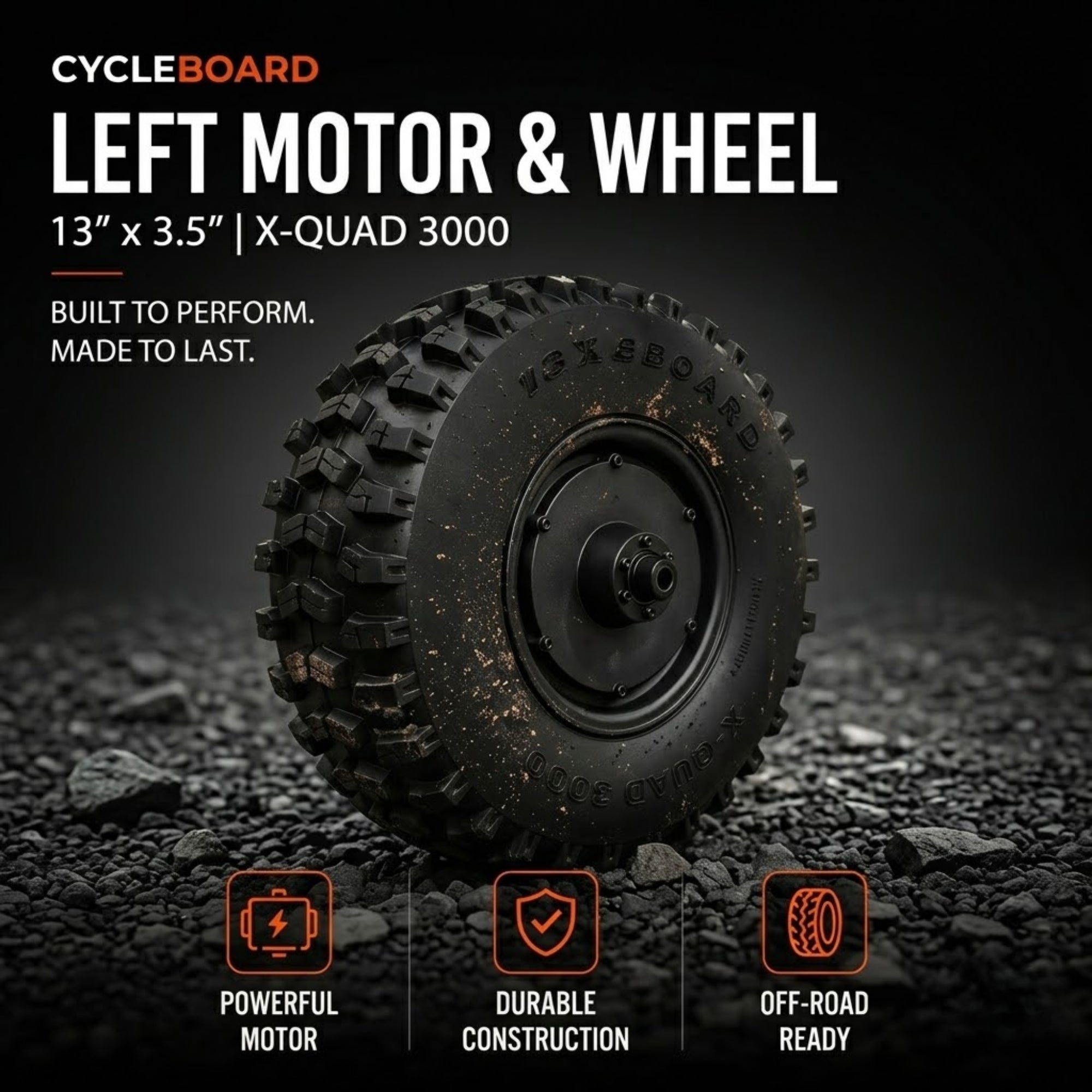 LEFT MOTOR & WHEEL | 13" x 3.5" | X-QUAD 3000