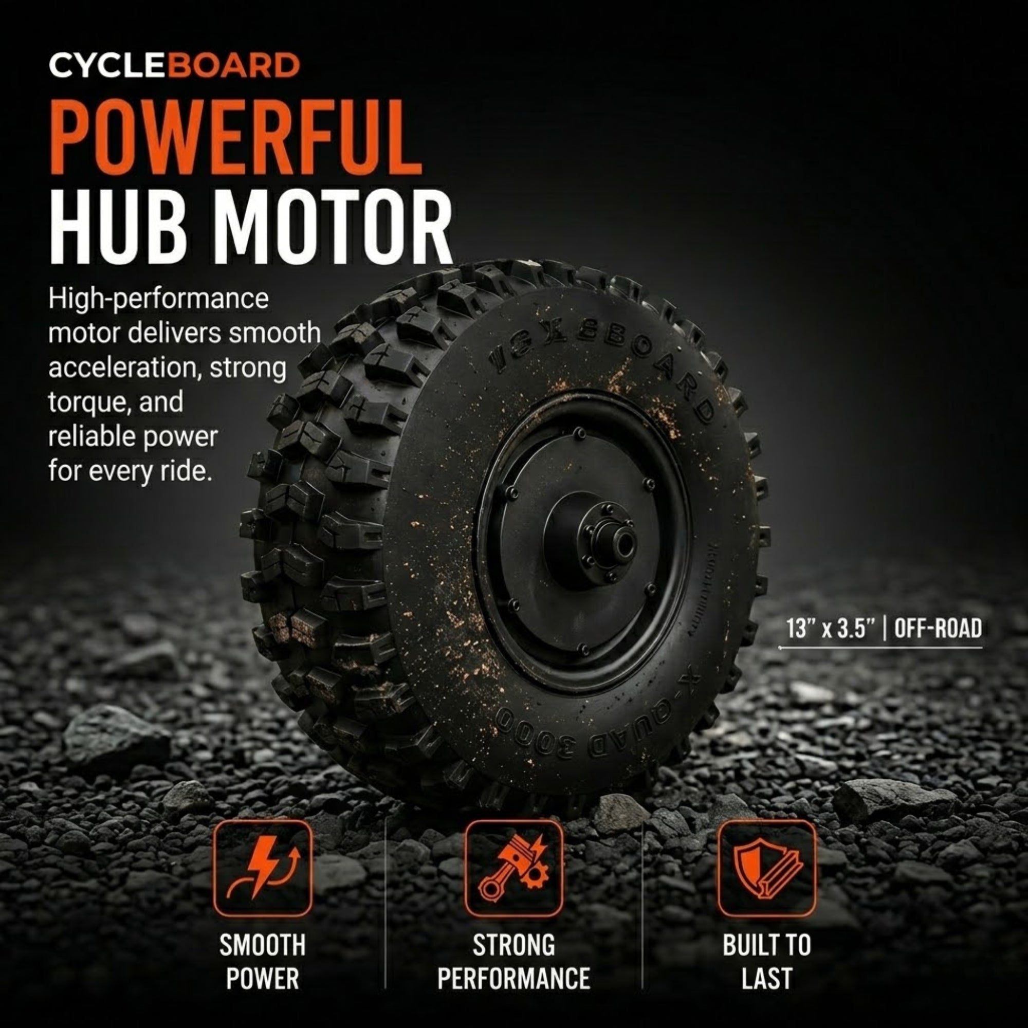 LEFT MOTOR & WHEEL | 13" x 3.5" | X-QUAD 3000