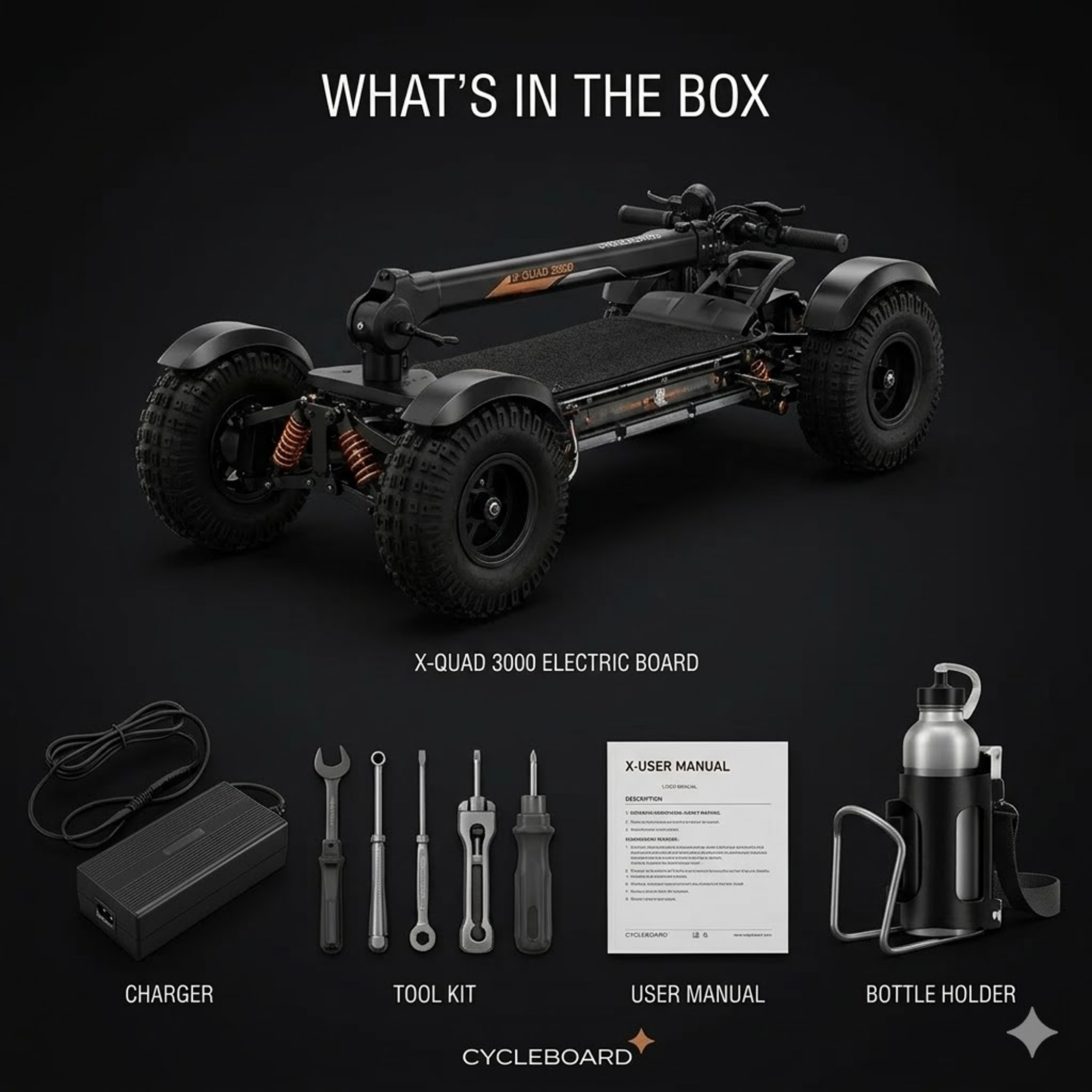 X-Quad 3000 All-Terrain Electric Board with Dual Motors, Hydraulic Brakes & LCD Display